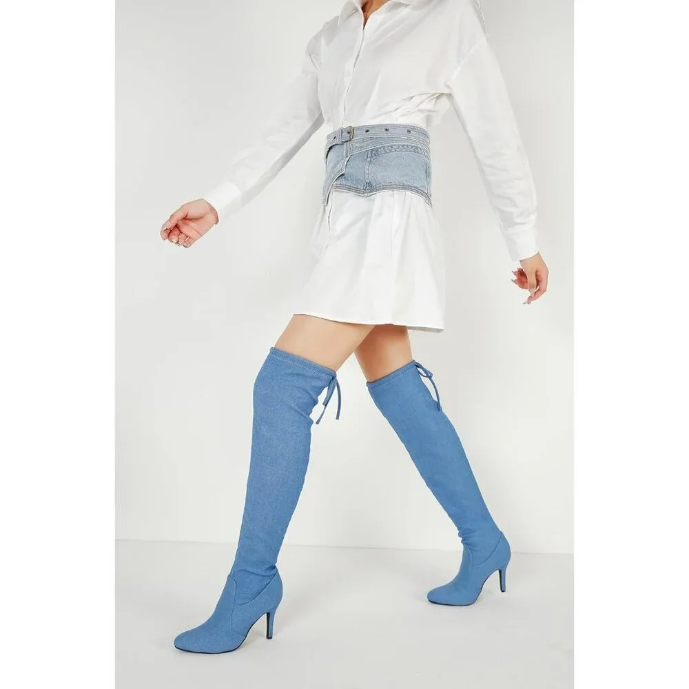 Women Blue Polyurethane Pointed Toe Over The Knee Thigh High Stiletto Heel Boot